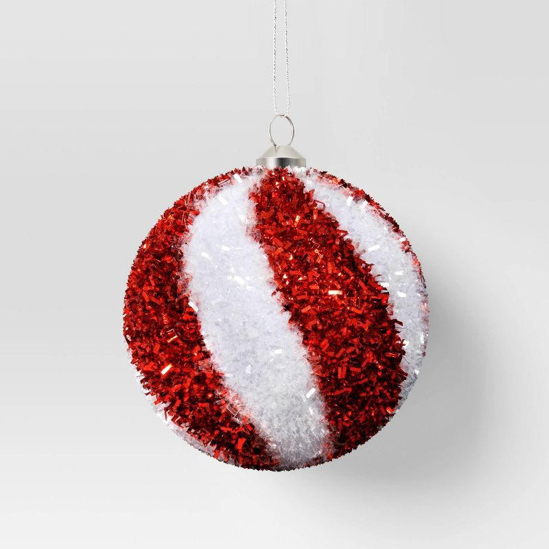 slide 1 of 3, Christmas Tinsel Ball Peppermint Red and White Ornament - Wondershop™, 1 ct
