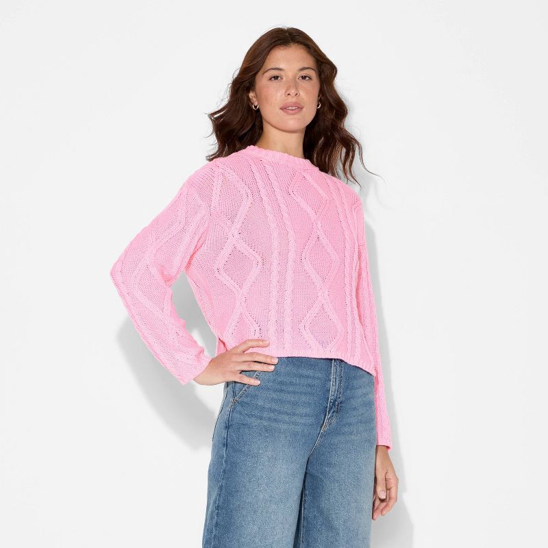 slide 2 of 3, Women's Crewneck Cotton Cable Pullover Sweater - Wild Fable™ Vibrant Pink XL, 1 ct
