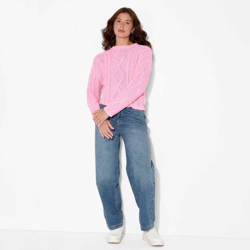 slide 1 of 3, Women's Crewneck Cotton Cable Pullover Sweater - Wild Fable™ Vibrant Pink XL, 1 ct
