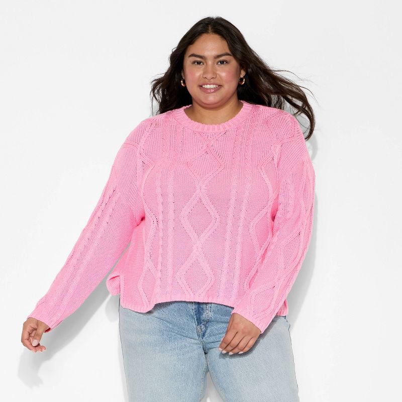 slide 2 of 3, Women's Crewneck Cotton Cable Pullover Sweater - Wild Fable™ Vibrant Pink XXL, 1 ct