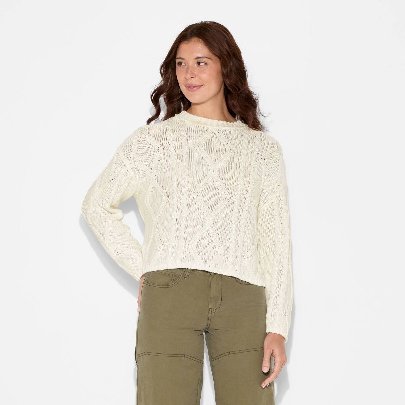 slide 2 of 3, Women's Crewneck Cotton Cable Pullover Sweater - Wild Fable™ Cream XXS, 1 ct