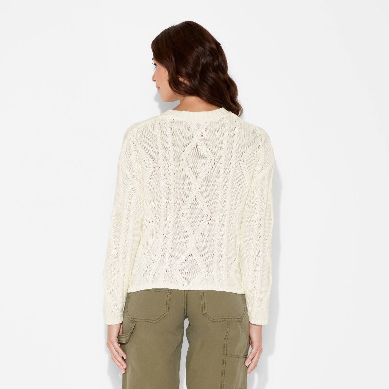 slide 3 of 3, Women's Crewneck Cotton Cable Pullover Sweater - Wild Fable™ Cream XXS, 1 ct
