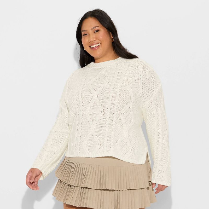 slide 2 of 3, Women's Crewneck Cotton Cable Pullover Sweater - Wild Fable™ Cream XXL, 1 ct