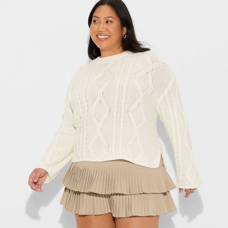 slide 1 of 3, Women's Crewneck Cotton Cable Pullover Sweater - Wild Fable™ Cream XXL, 1 ct
