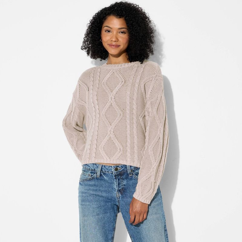 slide 1 of 3, Women's Crewneck Cotton Cable Pullover Sweater - Wild Fable™ Gray M, 1 ct