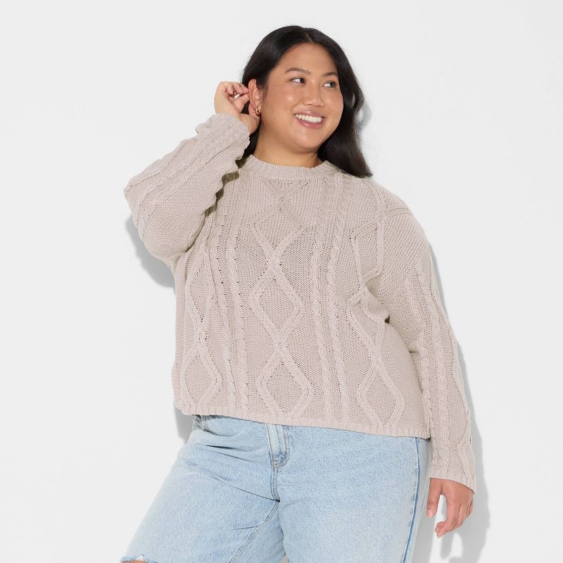 slide 2 of 3, Women's Crewneck Cotton Cable Pullover Sweater - Wild Fable™ Gray XXL, 1 ct