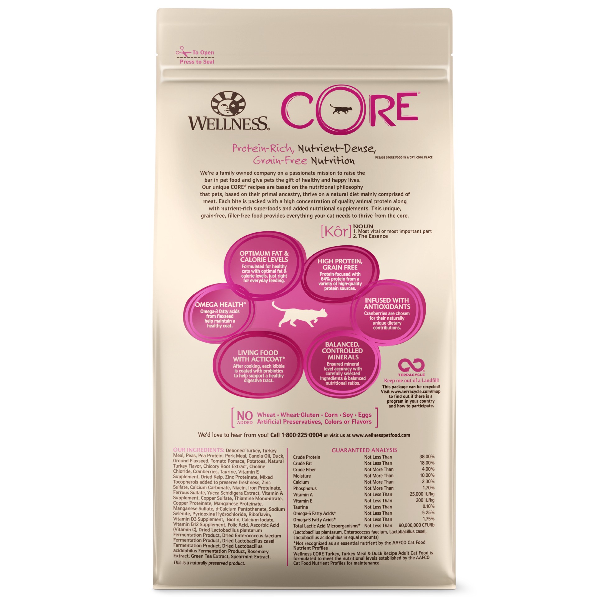 slide 3 of 5, Wellness CORE Grain-Free Turkey, Turkey Meal & Duck Formula Dry Cat Food, 5 Pound Bag, 5 lb