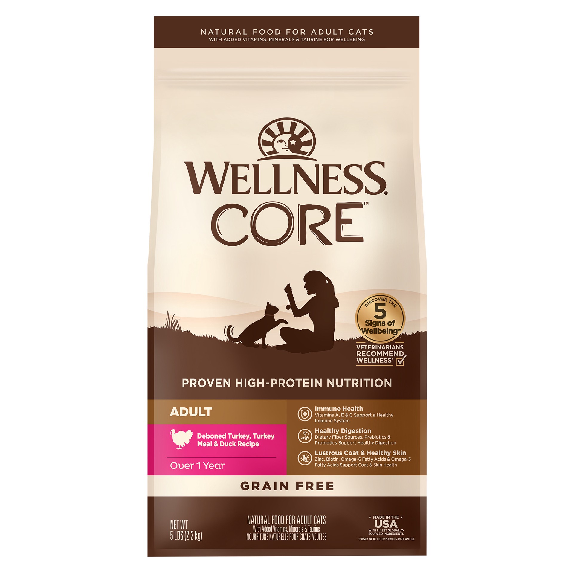 slide 1 of 5, Wellness CORE Grain-Free Turkey, Turkey Meal & Duck Formula Dry Cat Food, 5 Pound Bag, 5 lb