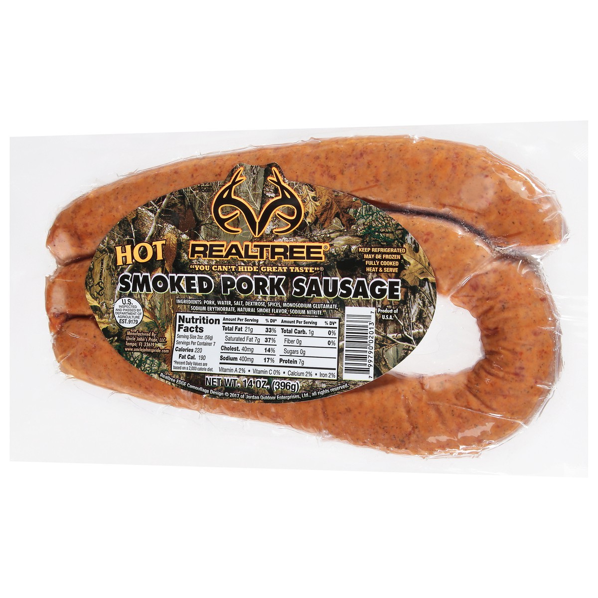 slide 4 of 9, Realtree Hot Smoked Pork Sausage 14 oz, 14 oz