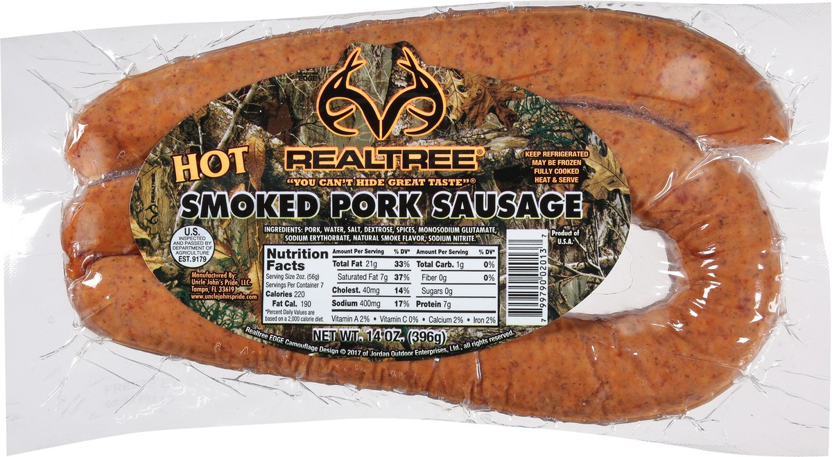 slide 5 of 9, Realtree Hot Smoked Pork Sausage 14 oz, 14 oz