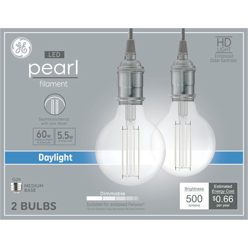 slide 1 of 6, GE Household Lighting GE 2pk 60W LED G25 Pearl RLX Light Bulbs Daylight, 2 ct