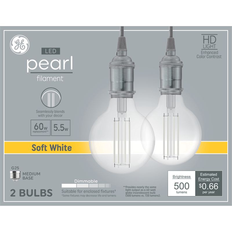 slide 1 of 6, GE Household Lighting GE 60W LED G25 Pearl RLX CL 2ct Soft White, 2 ct
