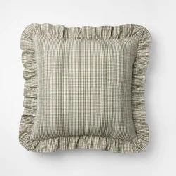 Threshold designed w/Studio McGee 24"x24" Uneven Plaid with Ruffle Pillow Green/Tan - Threshold™ designed with Studio McGee