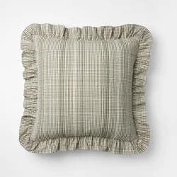 Threshold designed w/Studio McGee 24"x24" Uneven Plaid with Ruffle Pillow Green/Tan - Threshold™ designed with Studio McGee