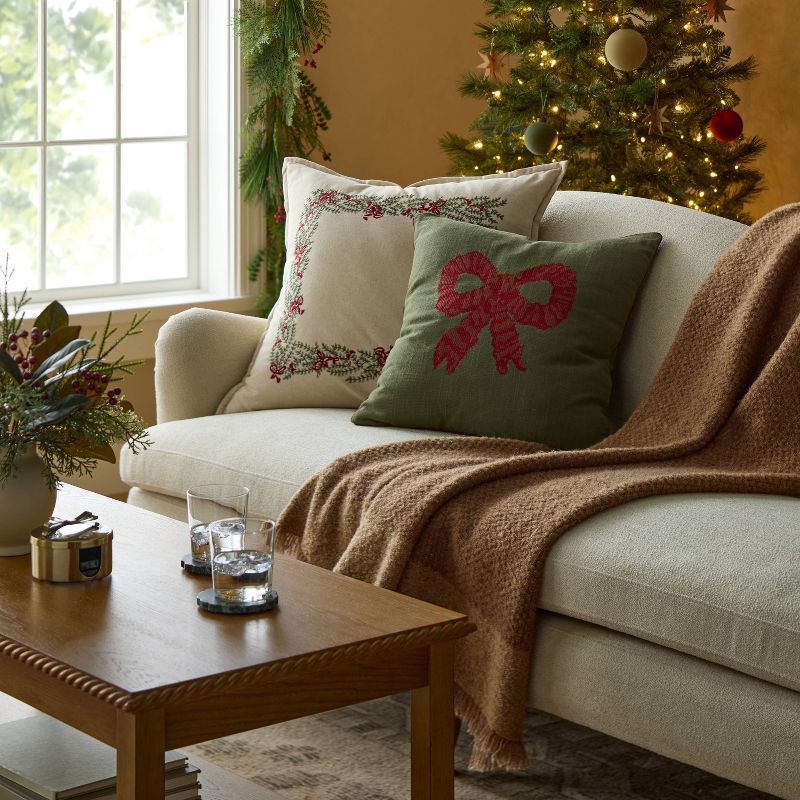 slide 2 of 4, Threshold designed w/Studio McGee 20"x20" Dark Green with Red Bow Pillow - Threshold™ designed with Studio McGee, 1 ct