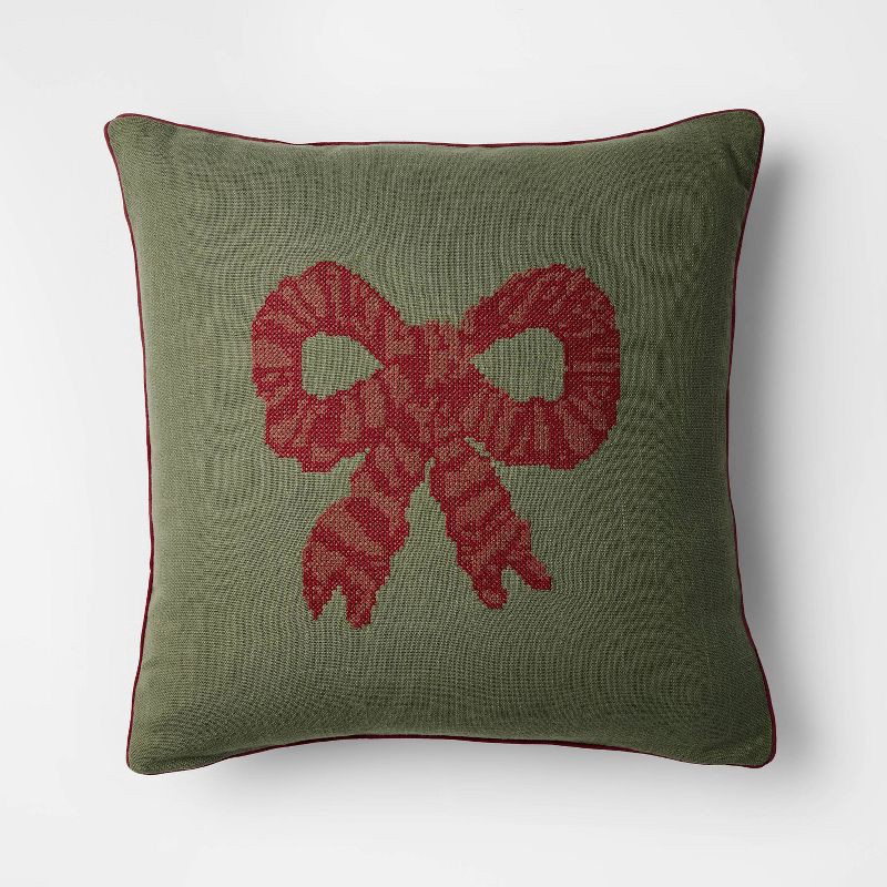 slide 1 of 4, Threshold designed w/Studio McGee 20"x20" Dark Green with Red Bow Pillow - Threshold™ designed with Studio McGee, 1 ct