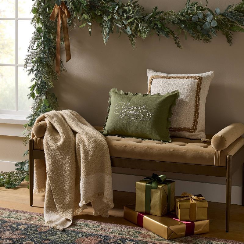 slide 2 of 4, Threshold designed w/Studio McGee 14"x20" Embroidered Season's Greetings Pillow Green - Threshold™ designed with Studio McGee, 1 ct