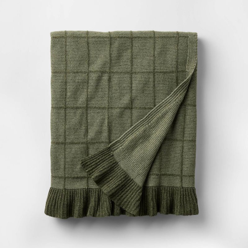 slide 1 of 3, Threshold designed w/Studio McGee 50"x60" Windowpane Plaid with Ruffle Throw Blanket Green - Threshold™ designed with Studio McGee, 1 ct