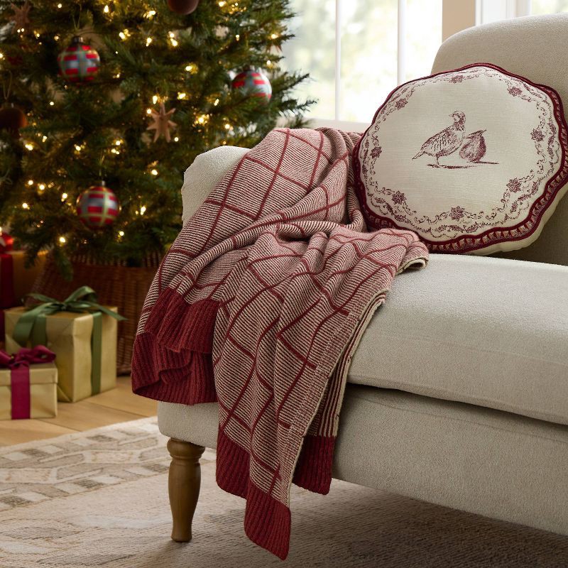 slide 2 of 3, Threshold designed w/Studio McGee 50"x60" Windowpane Plaid with Ruffle Throw Blanket Burgundy - Threshold™ designed with Studio McGee, 1 ct