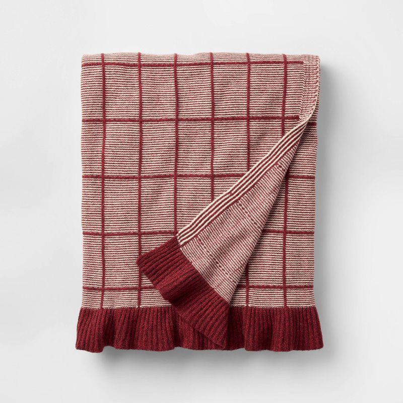 slide 1 of 3, Threshold designed w/Studio McGee 50"x60" Windowpane Plaid with Ruffle Throw Blanket Burgundy - Threshold™ designed with Studio McGee, 1 ct