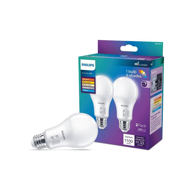 slide 1 of 7, Philips 2pk 75W A19 LED Multi-CCT Dip Switch, 2 ct