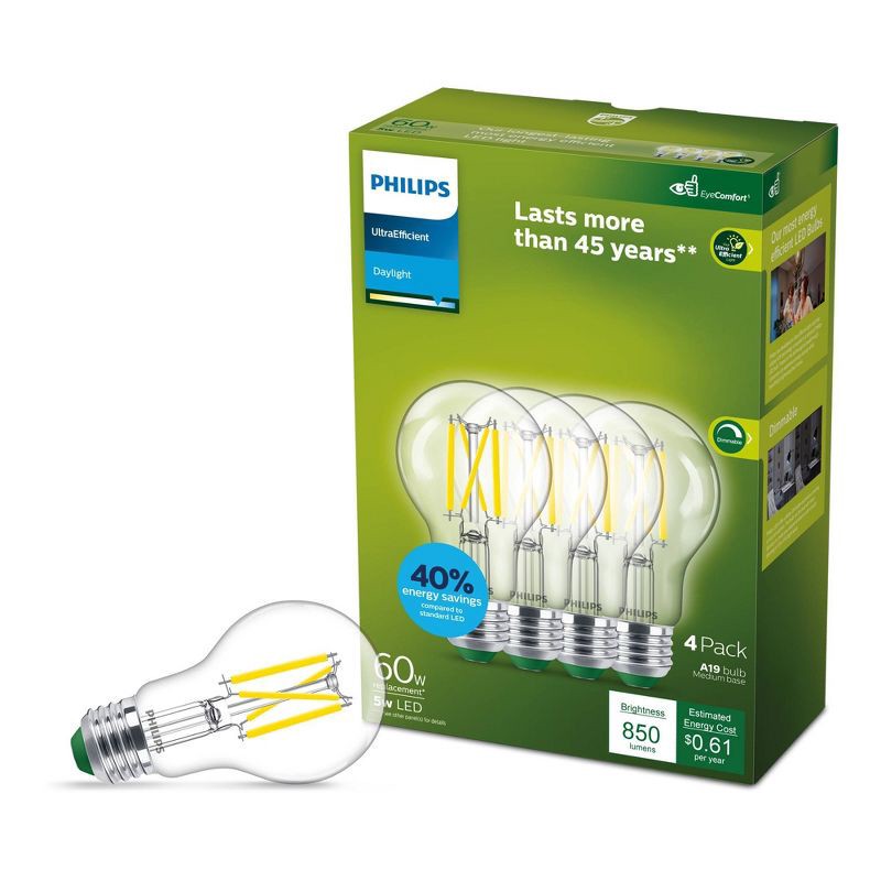 slide 1 of 7, Philips 4pk 60W A19 Ultra Efficient Daylight Clear, 4 ct