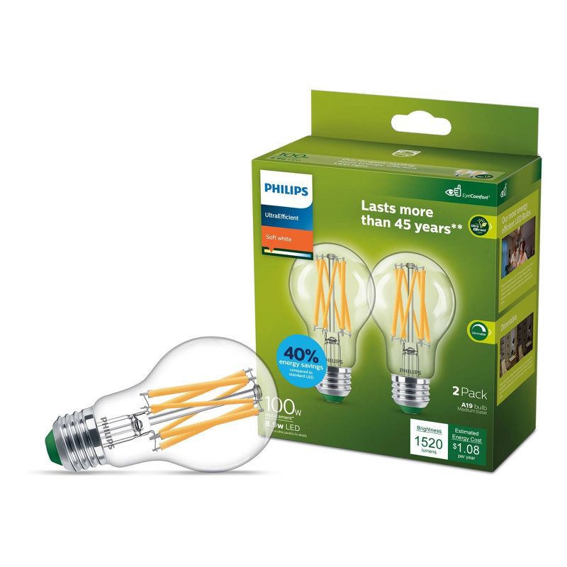 slide 3 of 7, Philips 2pk 100W A19 Ultra Efficient Soft White Clear, 2 ct