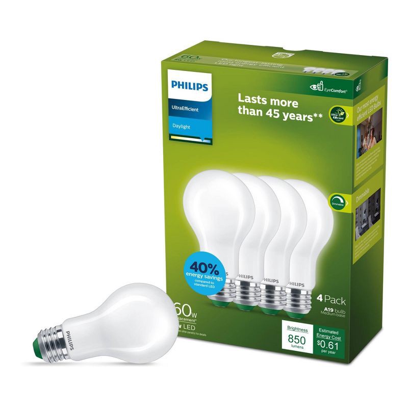 slide 3 of 7, Philips 4pk 60W A19 Ultra Efficient Daylight Frosted, 4 ct