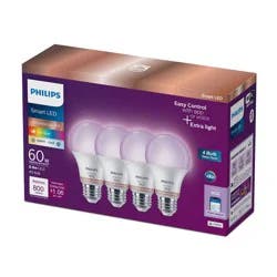 Philips 4pk Smart Wi-Fi 60W Multi-colored LED Light Bulbs A19: E26 Base, Voice Control, Dimmable, Compatible with Alexa, Google, Siri