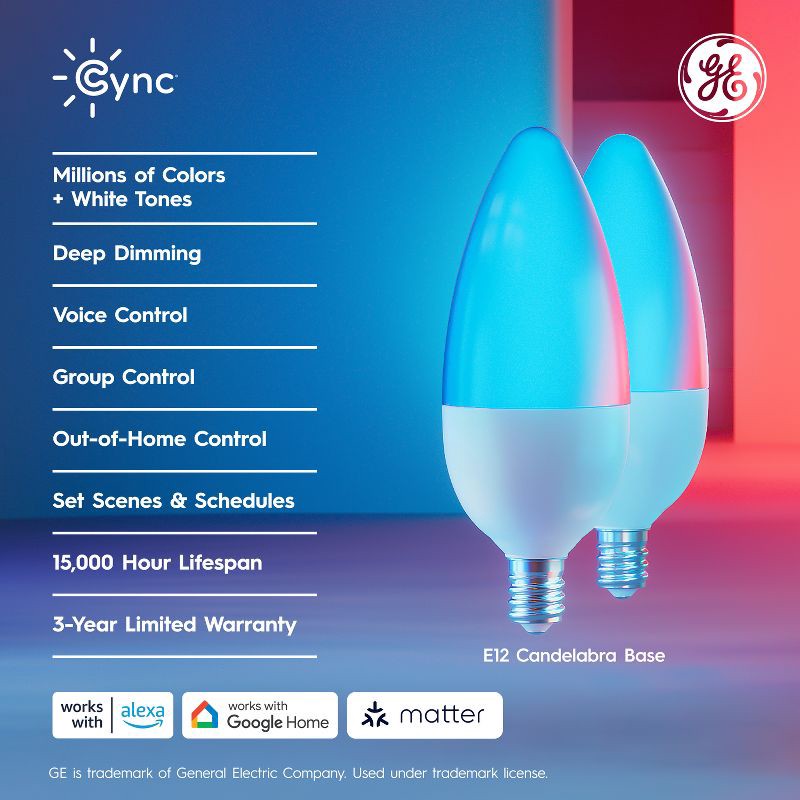 slide 2 of 7, GE Household Lighting GE 2pk CYNC Full Color Decorative BC, 2 ct