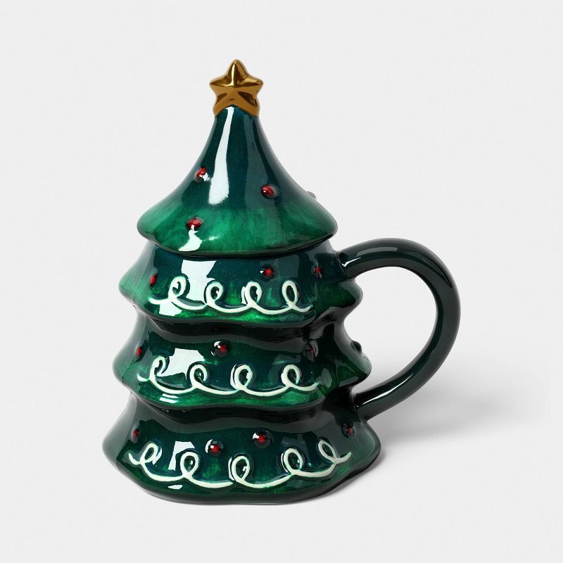 slide 1 of 4, 10 fl oz Stoneware Christmas Tree Figural Lid Coaster Mug - Wondershop™, 10 fl oz