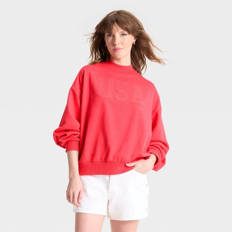 slide 1 of 3, Special Thanks Women's USA Graphic Sweatshirt - Red S, 1 ct