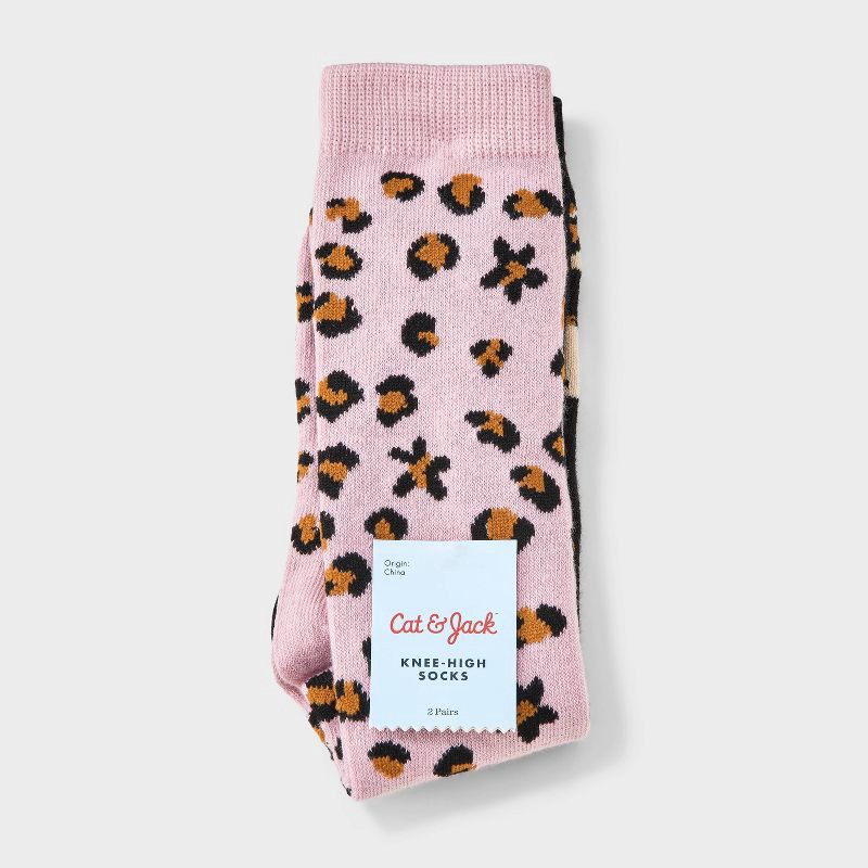 slide 2 of 3, Girls' 2pk Leopard Knee Socks - Cat & Jack™ Mauve L, 2 ct