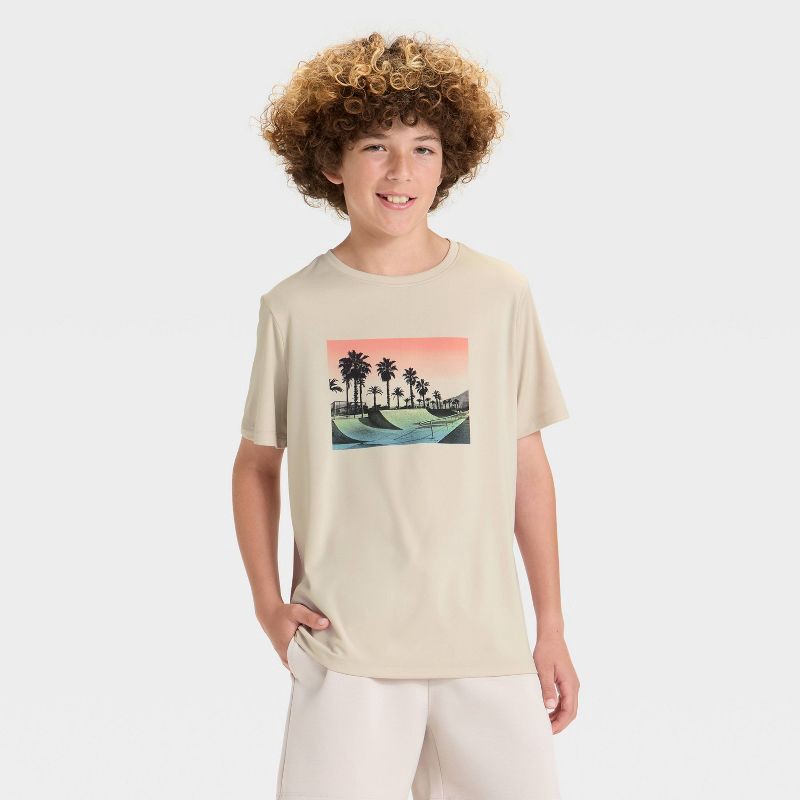 slide 1 of 4, Boys' Short Sleeve Palm Tree Graphic T-Shirt - All In Motion™ Beige XL, 1 ct