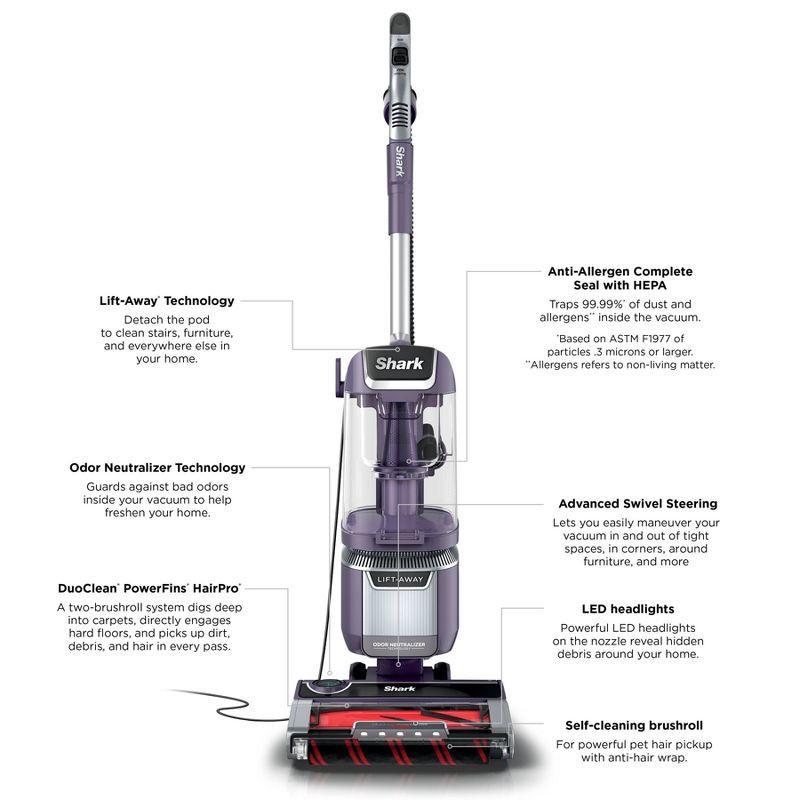 slide 13 of 13, Shark Rotator Pet Lift-Away ADV Upright Vacuum with DuoClean PowerFins HairPro & Odor Neutralizer Purple LA701, 1 ct