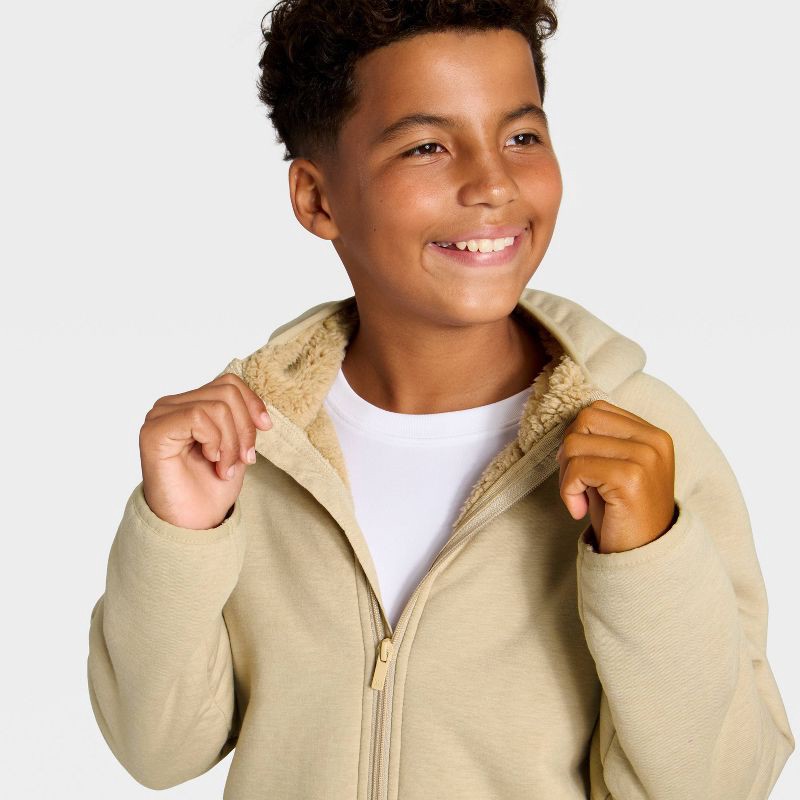 slide 3 of 3, Boys' High Pile Fleece Full Zip Lined Hoodie - All In Motion™ Almond S, 1 ct