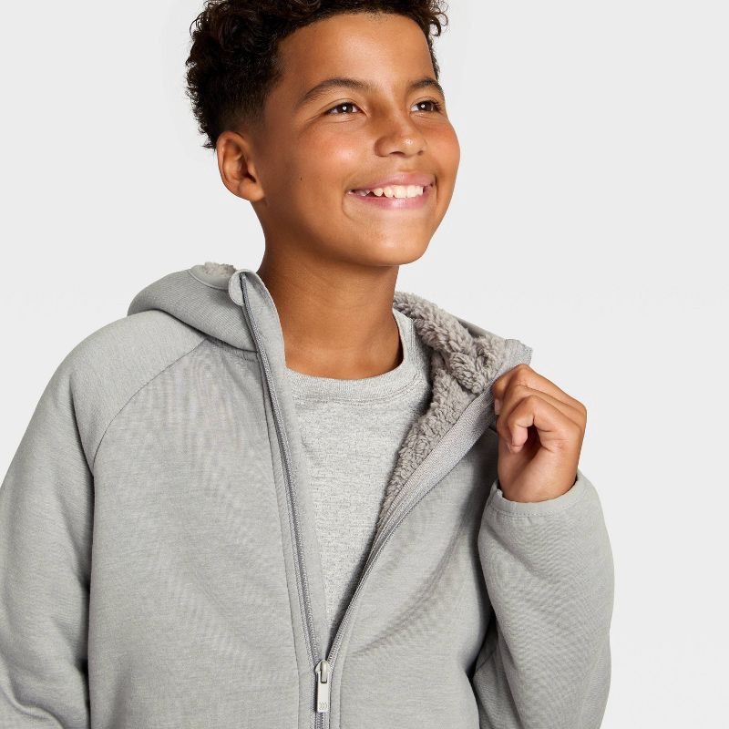 slide 3 of 3, Boys' High Pile Fleece Full Zip Lined Hoodie - All In Motion™ Light Gray M, 1 ct