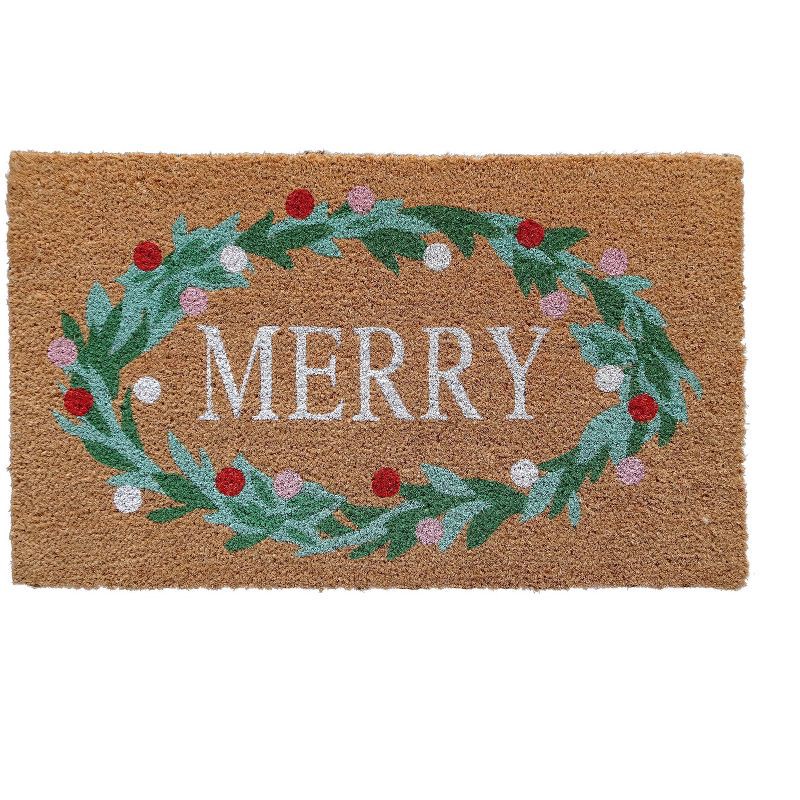 slide 1 of 5, 18"x30" Holiday Merry Wreath Coir Doormat Natural and Green, 1 ct