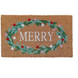 18"x30" Holiday Merry Wreath Coir Doormat Natural and Green