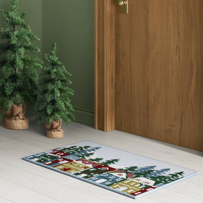 slide 2 of 4, 20"x34" Winter Snowy Houses Memory Foam Rug Blue - Room Essentials™, 1 ct