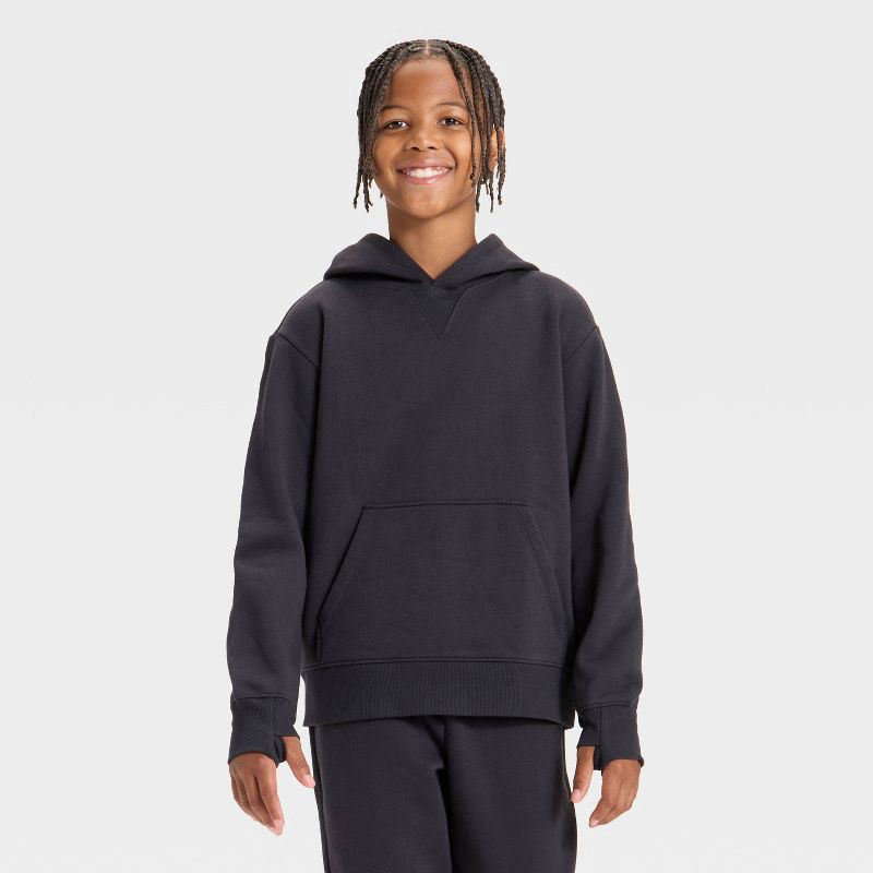 slide 1 of 3, Boys' Active Comfort Fleece Hoodie Sweatshirt - All In Motion™ Black L, 1 ct