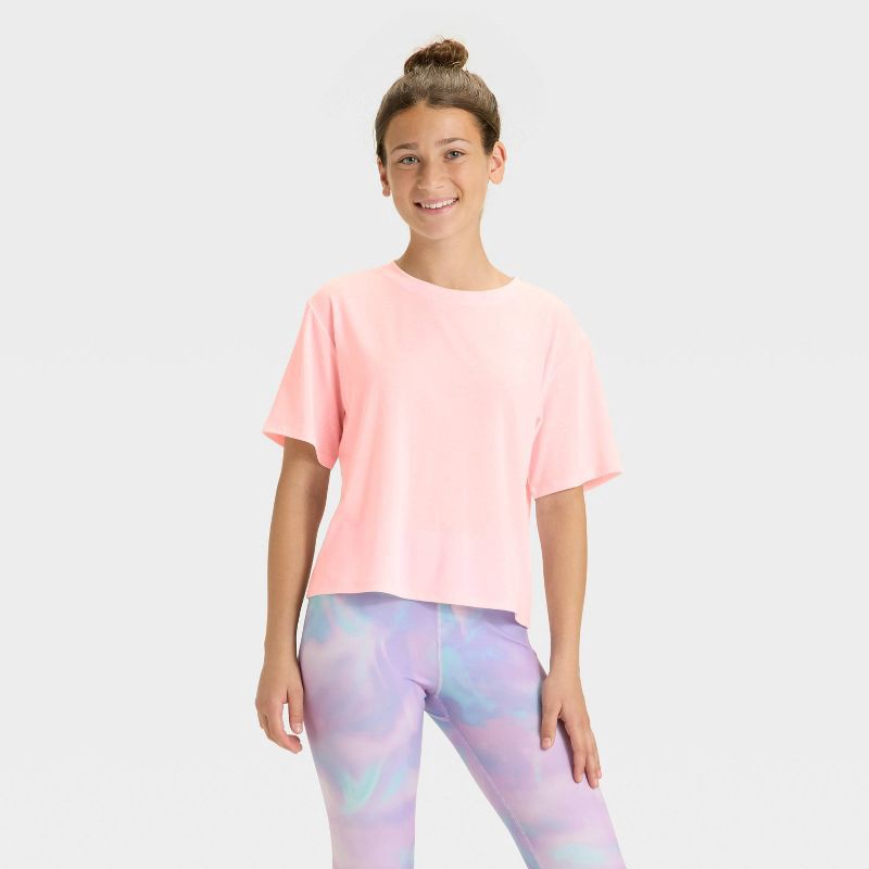 slide 1 of 3, Girls' Beyond Ease Crop Boxy T-Shirt - All In Motion™ Light Pink S, 1 ct