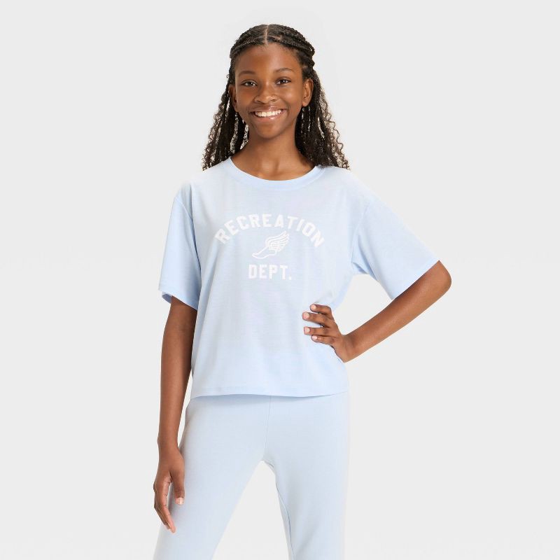slide 1 of 4, Girls' 'Recreation Dept' Beyond Ease Crop Boxy T-Shirt - All In Motion™ Sky Blue L, 1 ct
