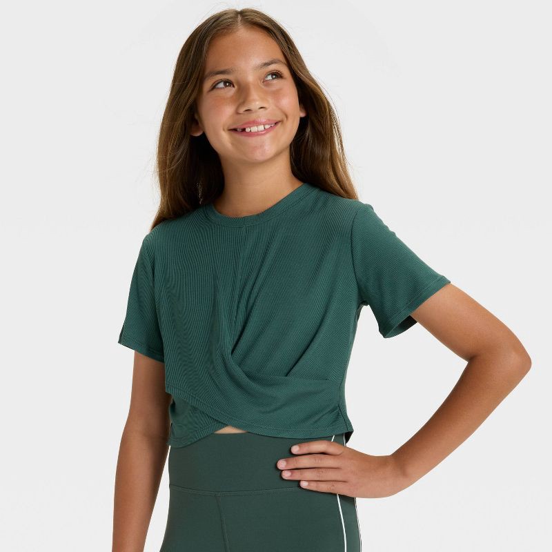 slide 3 of 3, Girls' Soft Ribbed T-Shirt - All In Motion™ Dark Green M, 1 ct