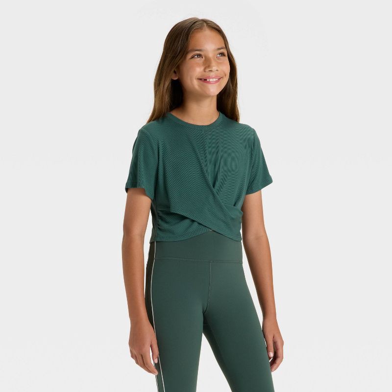 slide 1 of 3, Girls' Soft Ribbed T-Shirt - All In Motion™ Dark Green M, 1 ct