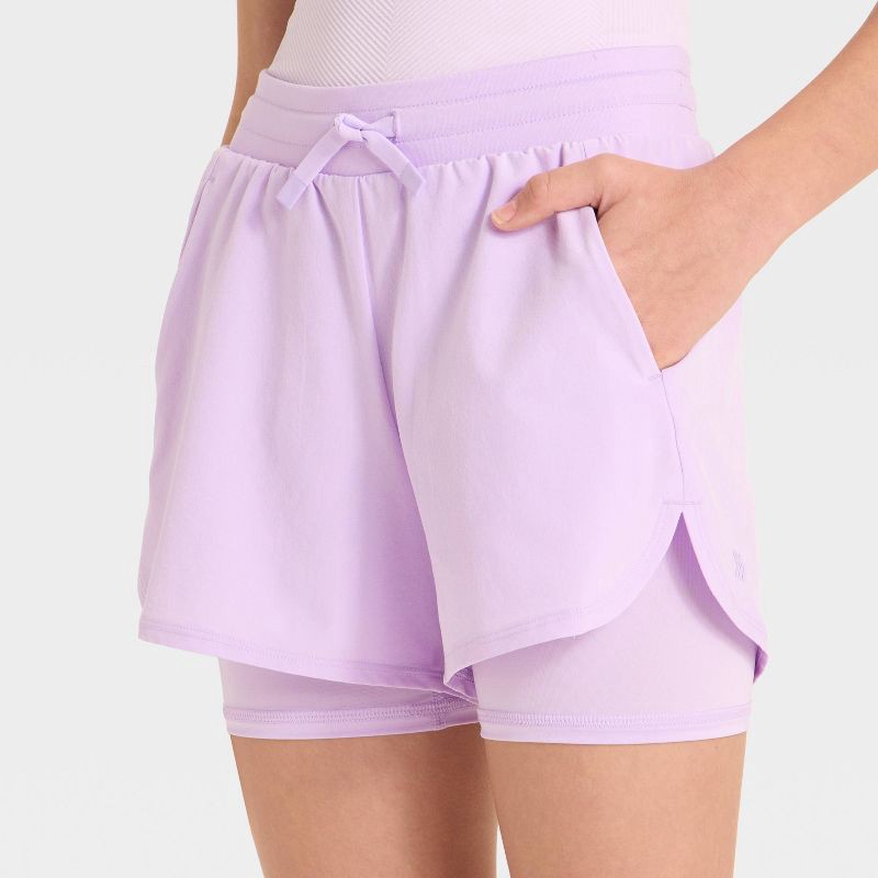 slide 3 of 3, Girls' Active Light 2-in-1 Run Shorts - All In Motion™ Lilac Purple L, 1 ct