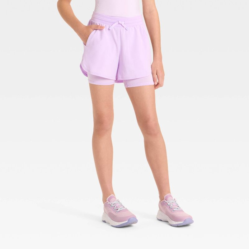 slide 1 of 3, Girls' Active Light 2-in-1 Run Shorts - All In Motion™ Lilac Purple L, 1 ct