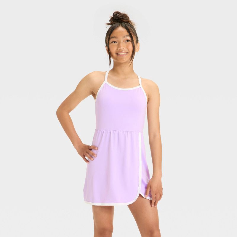 slide 1 of 3, Girls' Knit Contrast Trim Dress - All In Motion™ Lilac Purple L, 1 ct