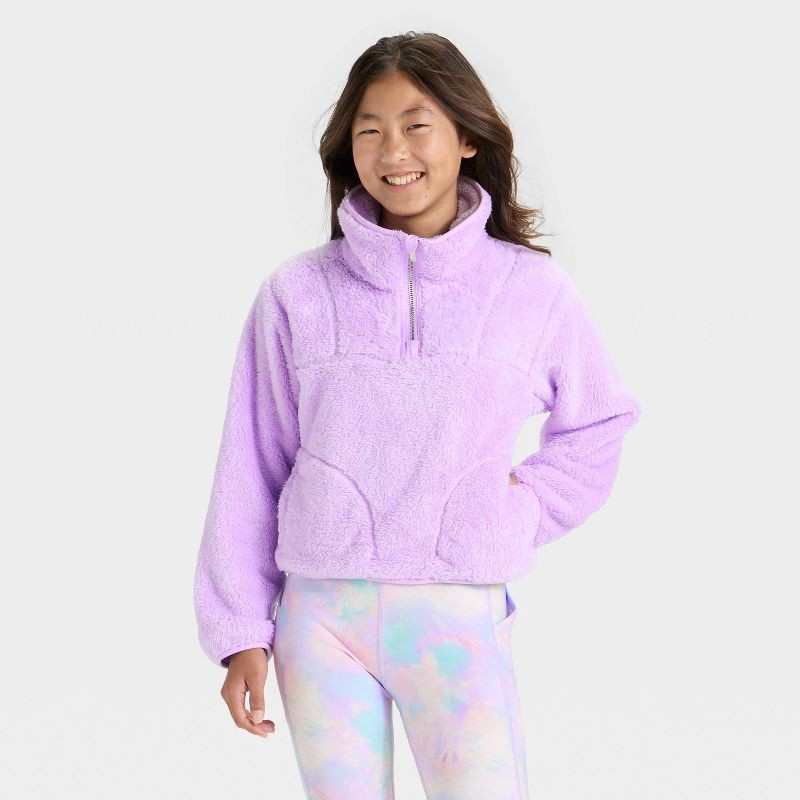 slide 1 of 3, Girls' High Pile Fleece 1/2 Zip Pullover Sweatshirt - All In Motion™ Purple XL, 1 ct