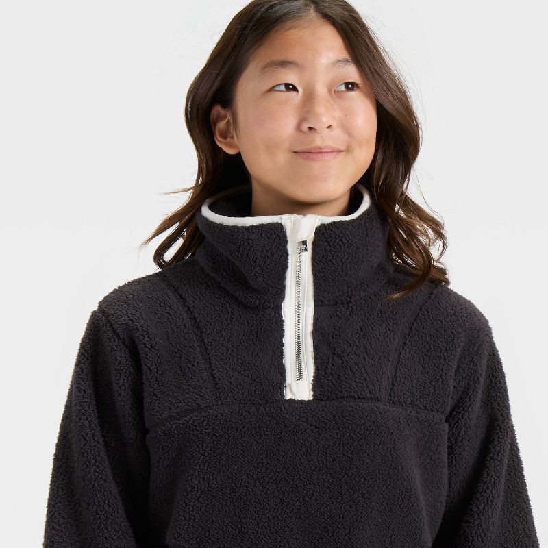 slide 3 of 3, Girls' High Pile Fleece 1/2 Zip Pullover Sweatshirt - All In Motion™ Black S, 1 ct
